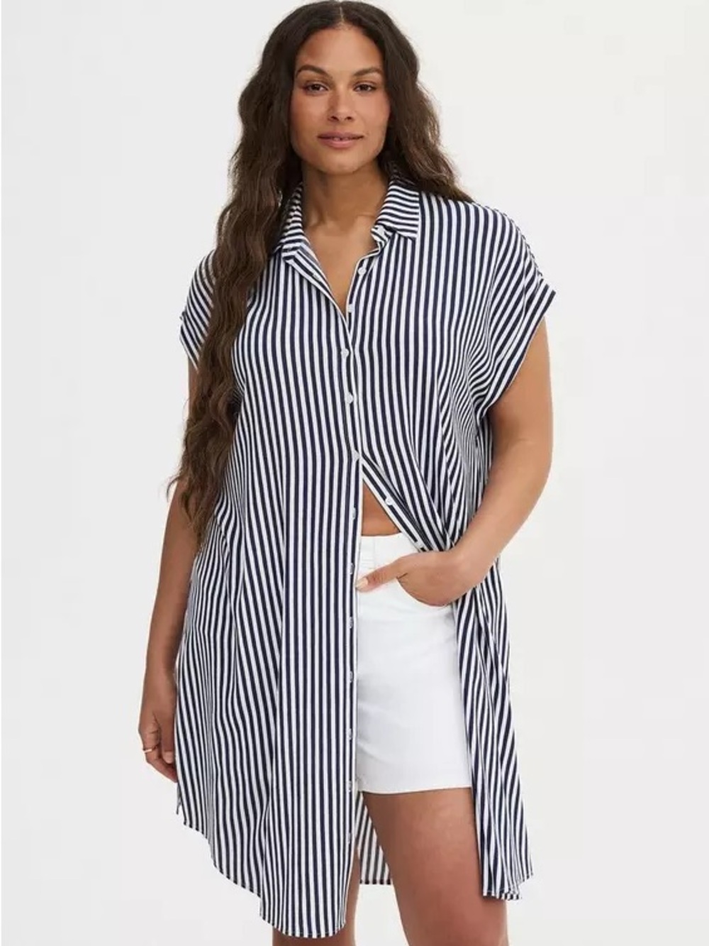 Torrid Drop Shoulder Short Sleeve Button Up Tunic